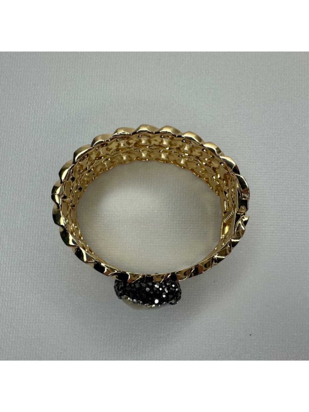 Gold Tone Rhinestone Encrusted Baroque Pearl Curb Chain Cuff Bracelet Glam - Picture 7 of 12